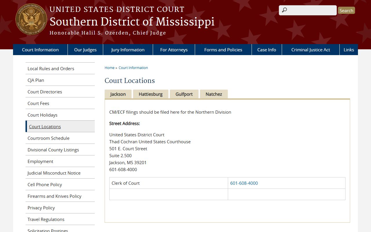 Rankin County court dockets federal court locations Southern District of Mississippi
