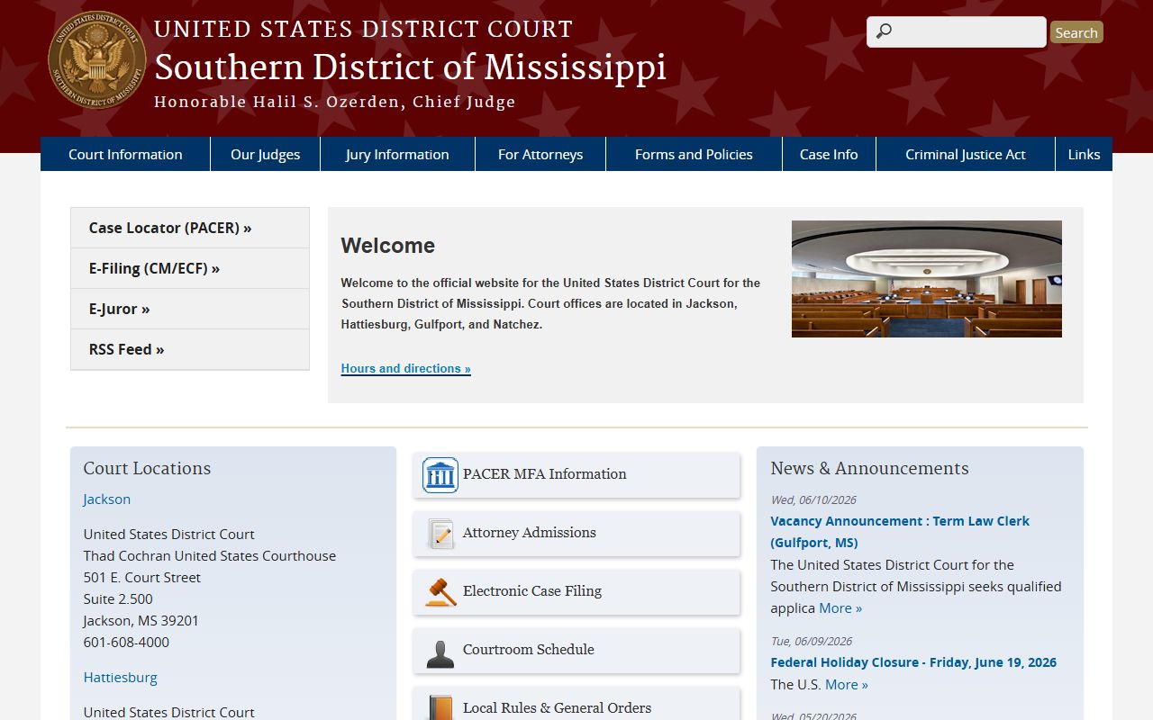 U.S. District Court homepage serving Rankin County court records