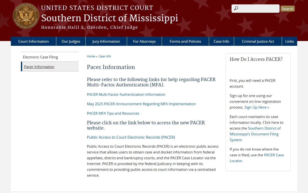 Rankin County court records access through the Southern District PACER information page