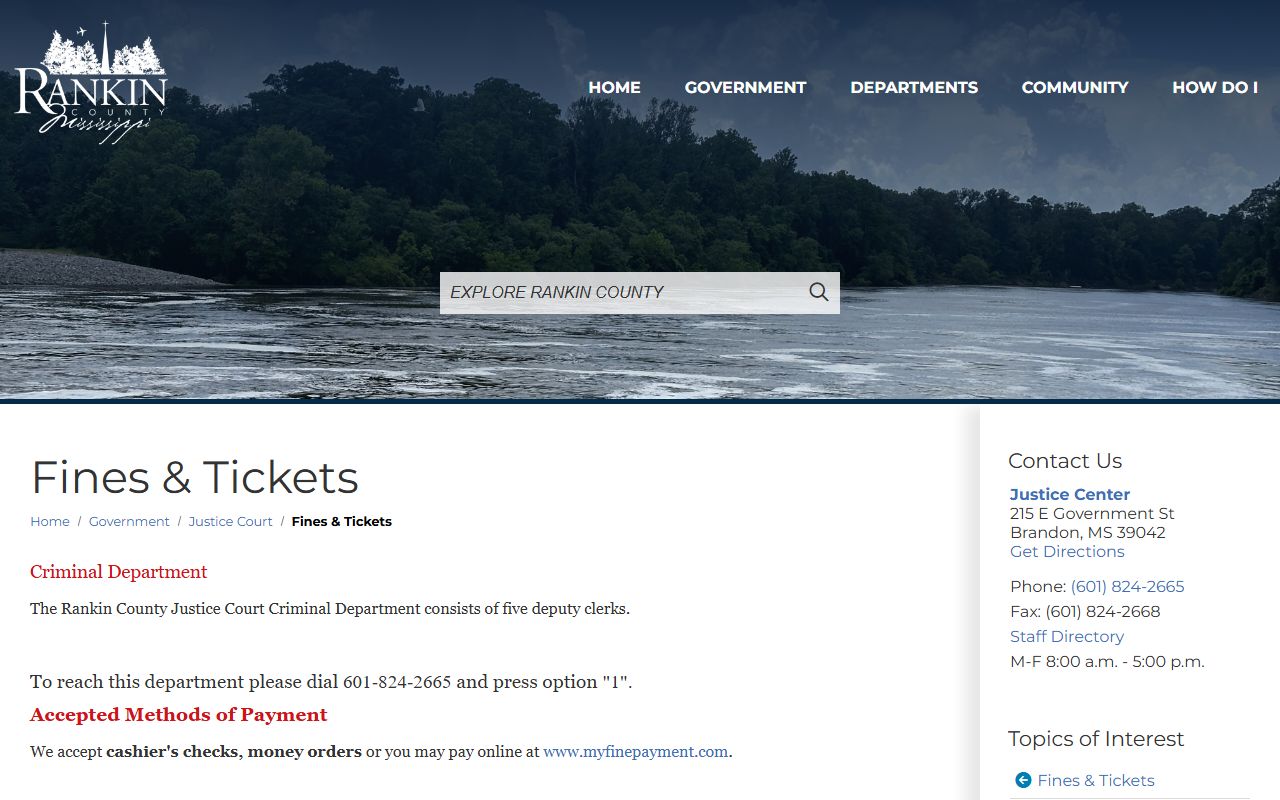 Rankin County Justice Court fines and tickets payment records page