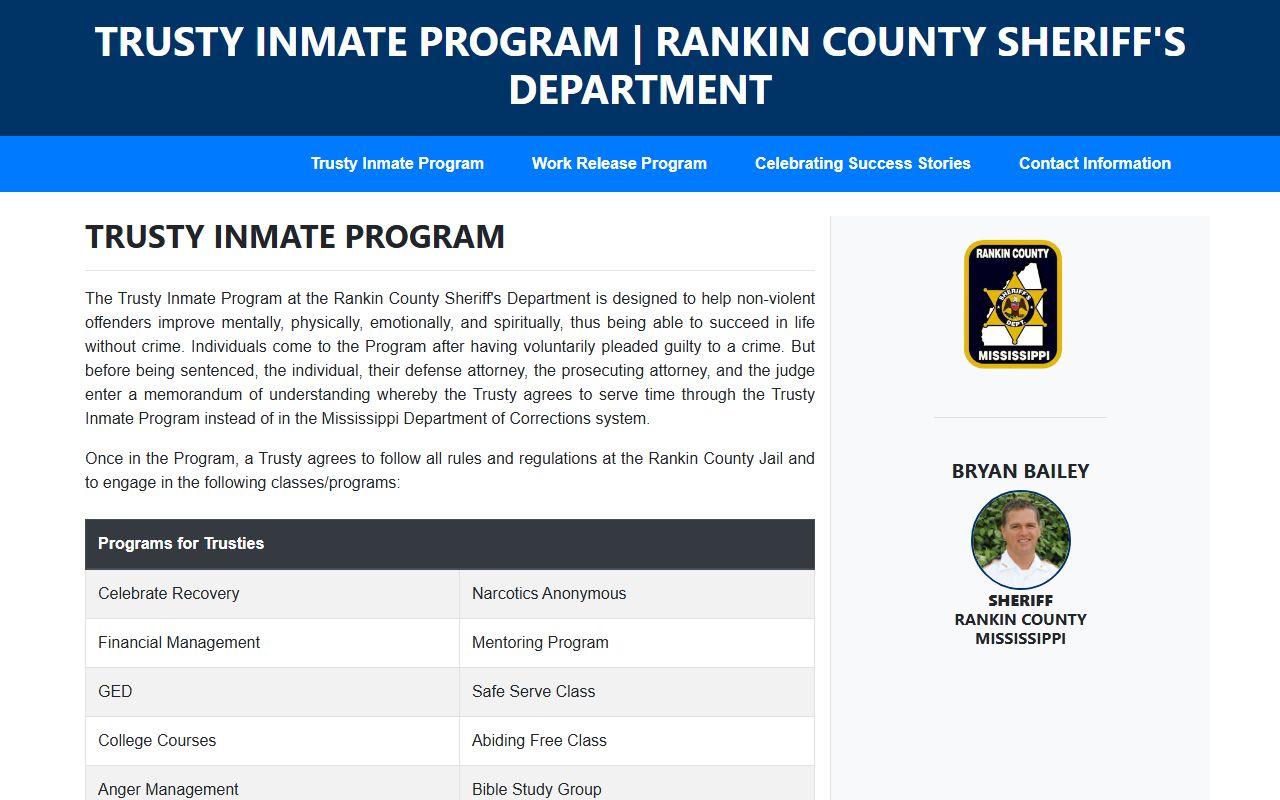 Rankin County inmate Trusty Program classes and work assignments