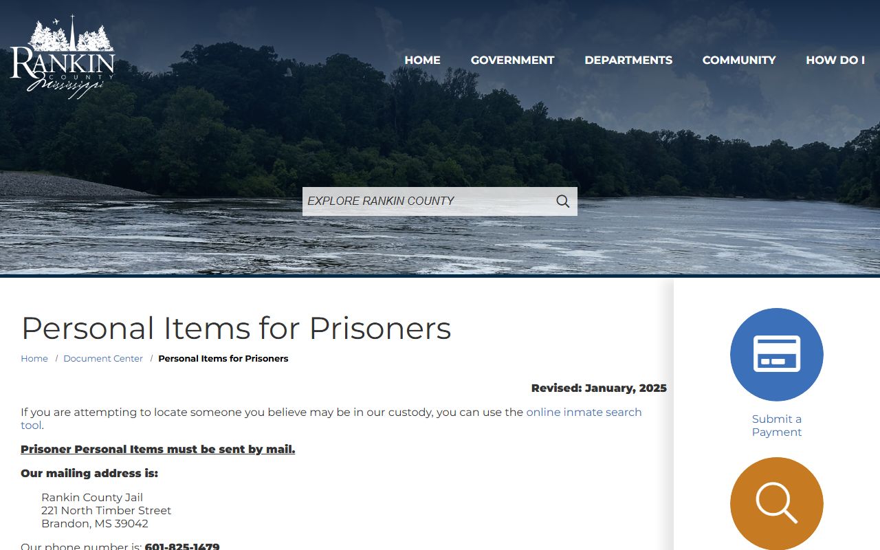 Rankin County inmate personal package and commissary rules notice